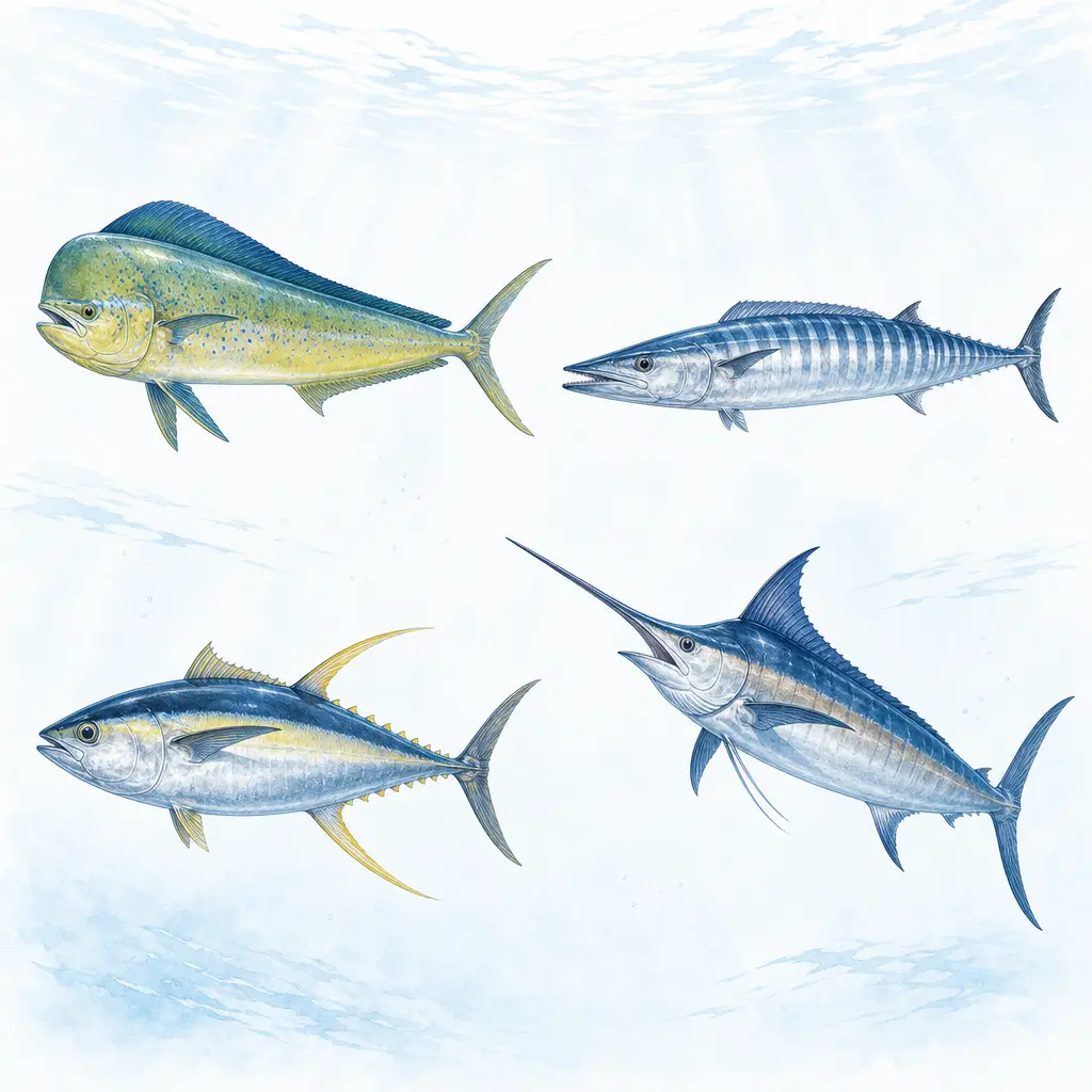 Mahi-mahi, ono, ahi, and marlin shown as common Maui offshore sportfishing targets
