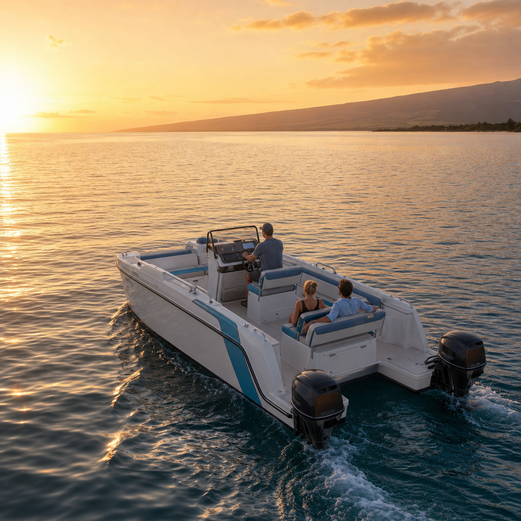 Small private power catamaran near Maui's coast at sunset