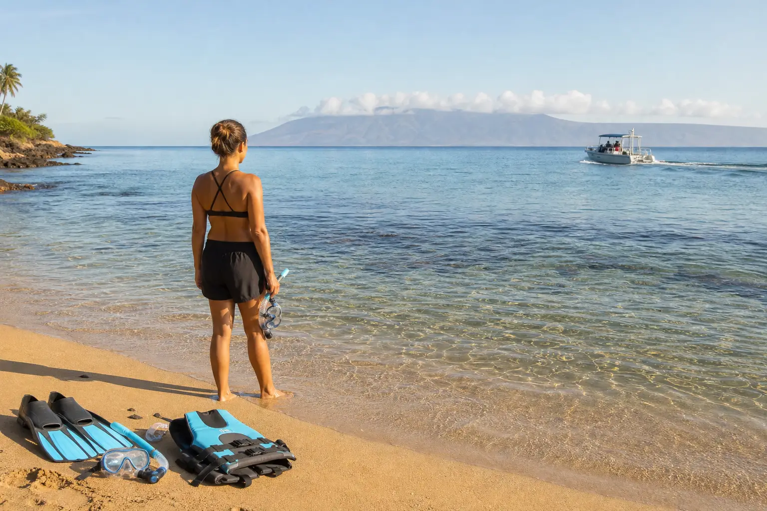 South Maui visitor comparing a calm beach entry with a small snorkel boat offshore